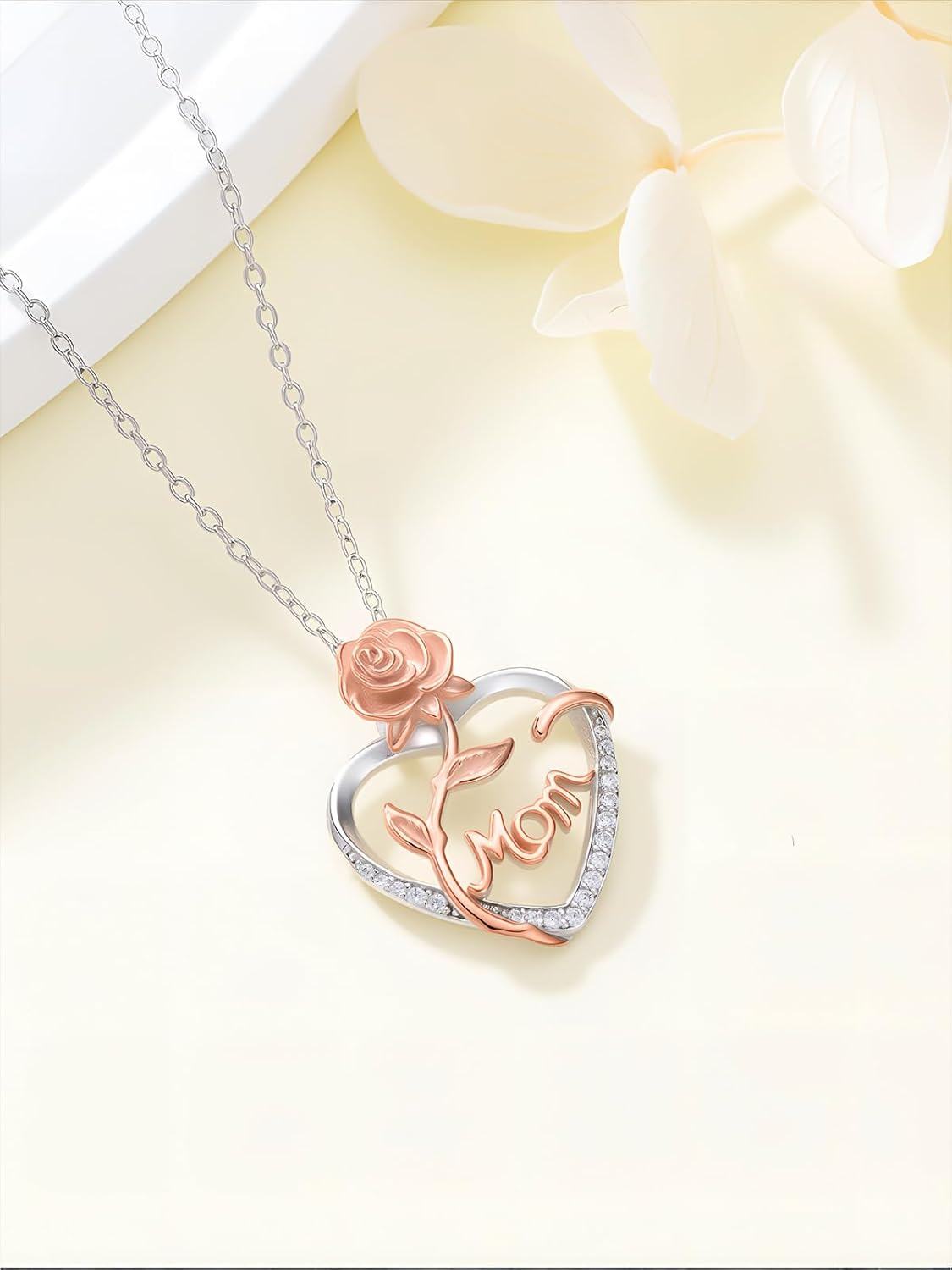 wholesale 925 Sterling Silver Rose Mom Heart Pendant Necklace with Cubic Zirconia-0-4