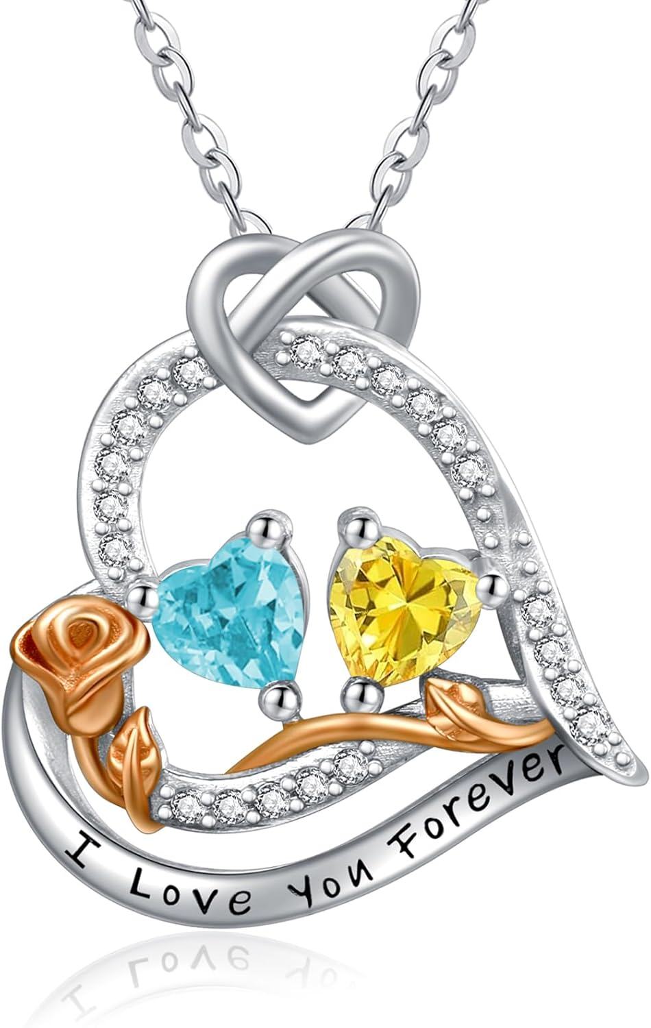  Sterling Silver 2 Birthstones Rose Heart Necklace for Women -03-11-Mar-Nov