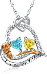 wholesale  Sterling Silver 2 Birthstones Rose Heart Necklace for Women -03-11-Mar-Nov