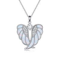 wholesale 925 Sterling Silver Abalone Shell Angel Wing Pendant Necklace with Cubic Zirconia Center Stone-White Opal