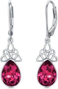 wholesale Sterling Silver Crystal Leverback Celtic Knot Birthstone Drop Earrings for Women-July Birthstone-Simulated Ruby