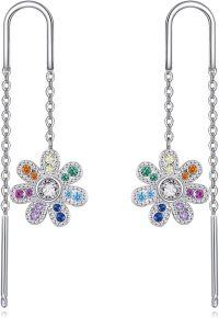 wholesale 925 Sterling Silver Rainbow Daisy Flower Drop Dangle Hook Earrings for Women Girls Gift-Flower Earrings