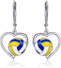 wholesale 925 Sterling Silver Heart-Shaped Sports Ball Dangle Drop Earrings - Gift for Women (Volleyball)-Volleyball-1