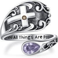 wholesale Sterling Silver with 12 Teardrop Birthstones Vintage Cross Spoon Ring With God All Things Possible Adjustable Faith Ring-June