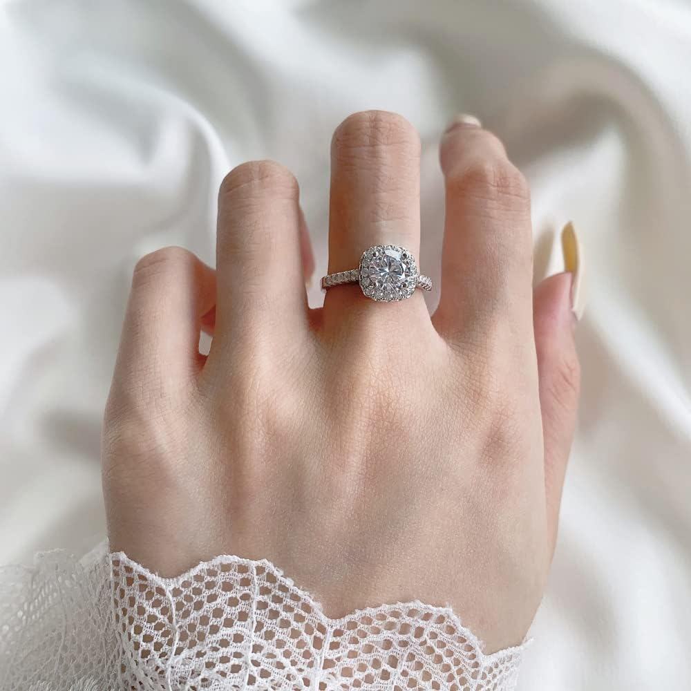 White Gold Moissanite Halo Cushion Cut 1ct Engagement Anniversary Rings-0-1
