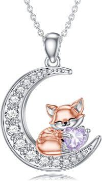 wholesale Metal Stone Fox Moon Pendant Necklace Birthstone Gift for Women-June