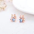 wholesale 925 Sterling Silver Rose Gold Plated Cute Fox with Blue Crystal Heart Stud Earrings for Women-0-4