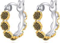 wholesale 925 Sterling Silver Black Celtic Knot Huggie Hoops with Cross Pendant Lightweight Jewelry for Women Girls Minimalist Style 3D Print Design Hypoallergenic Safe Gift Idea (Black)-Sunflower Hoop Earrings 16mm