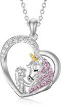 wholesale 925 Sterling Silver Heart-Shaped Pink Crystal Unicorn Pendant Necklaces for Women's Gifts-0-0