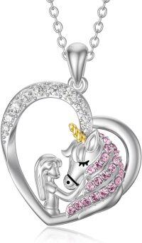 wholesale 925 Sterling Silver Heart-Shaped Pink Crystal Unicorn Pendant Necklaces for Women's Gifts-Pink-Heart