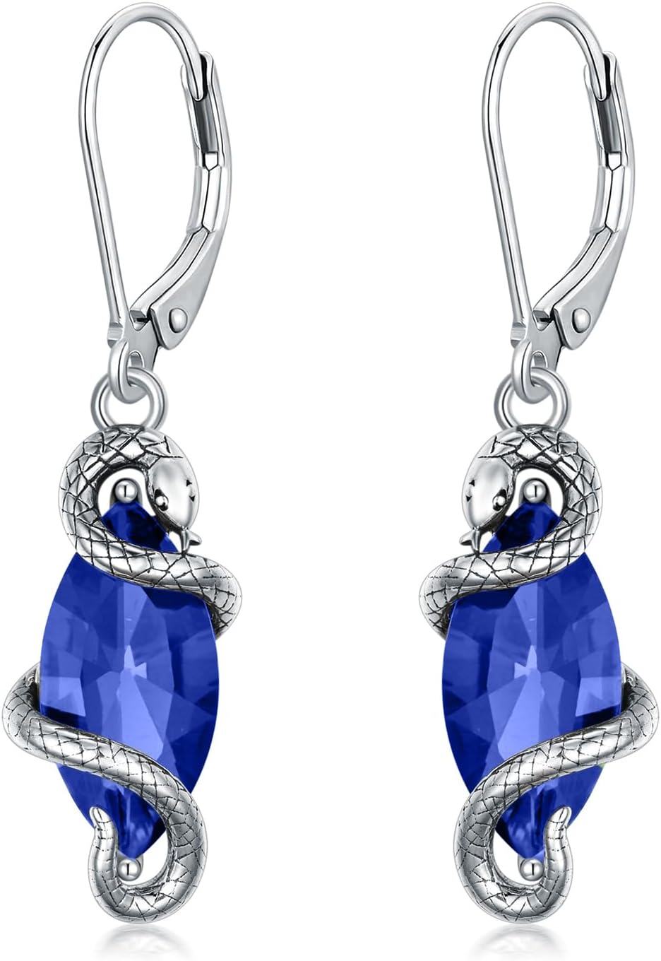 Sterling Silver Crystal Vintage Snake Dangle Drop Leverback Earrings for Women-Sapphire Blue