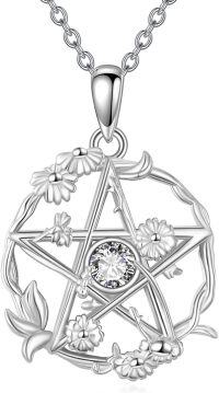 wholesale 925 Sterling Silver Pentagram Star Flower Pendant Necklaces for Women Gothic Witchcraft-Pentagram