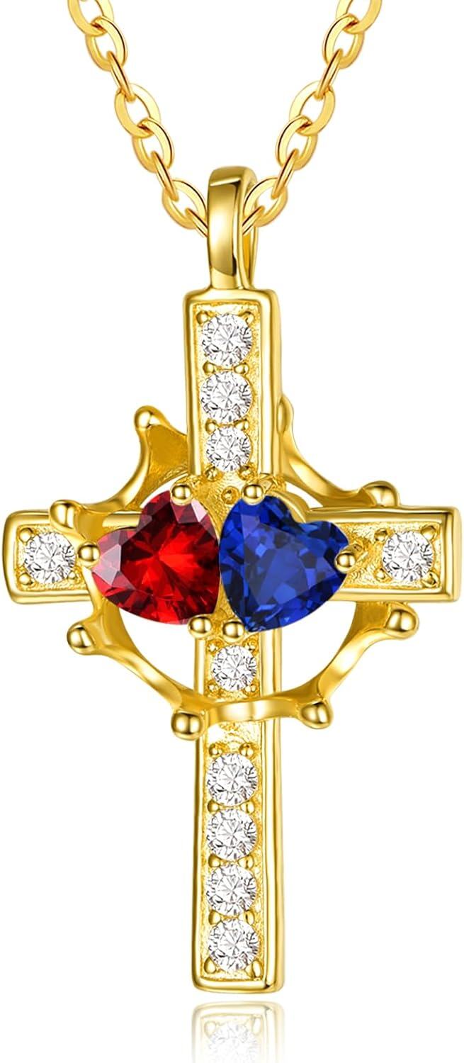 Sterling Silver Birthstones Gold Cross Necklace for Women -01-09-Jan-Sept-01-09-Jan-Sept