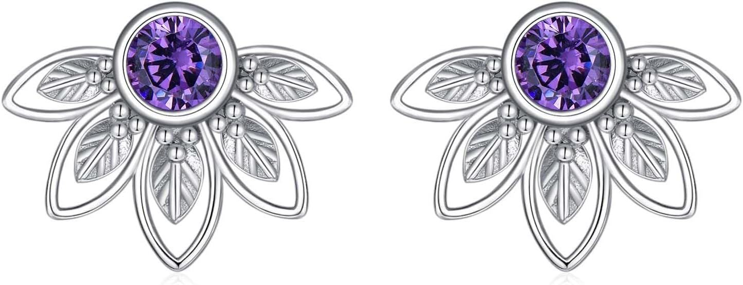 Sterling Silver Amethyst Flower Stud Earrings for Women Girls Mum Gifts-0-1