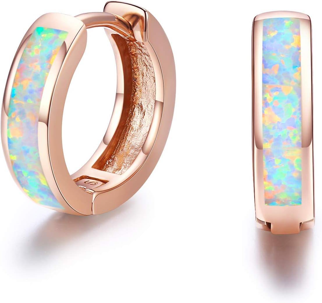 Sterling Silver Simulated Opal Hoop Earrings for Women Hypoallergenic Huggie Hinged Hoops Colorful Jewelry Gift-14mm Rose Gold White-14