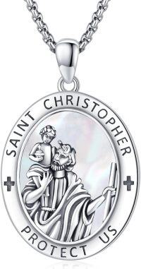wholesale Sterling Silver Archangel Medals St Pendant Necklace for Men Women-23-St Christopher(oval mother of shell)