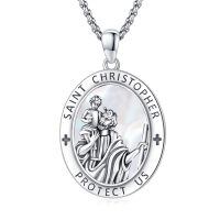 wholesale 925 Sterling Silver Archangel Medals St Pendant Necklace for Men Women-23-St Christopher(oval mother of shell)