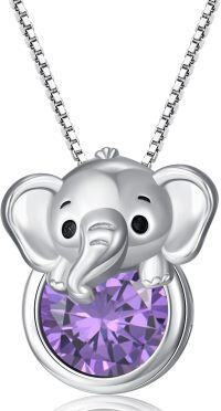 wholesale 925 Sterling Silver Birthstone Elephant Pendant Necklace for Women-February - Amethyst
