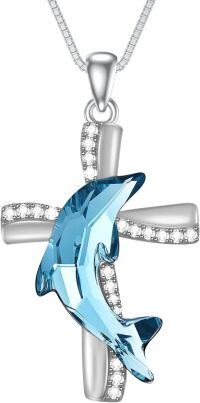 wholesale 925 Sterling Silver Blue Crystal Shark Pendant Necklace for Women's s-Silver-Cross Dolphin