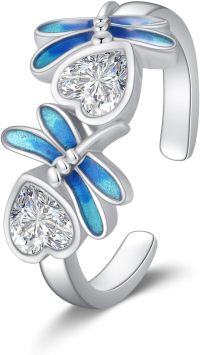 wholesale 925 Sterling Silver Blue Enamel Dragonfly Adjustable Ring with Cubic Zirconia Gemstone - Unique Gifts for Women-Dragonfly