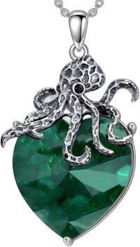 wholesale 925 Sterling Silver Heart-Shaped Green Blue Crystal Octopus Pendant Necklace Jewelry-Green