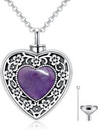 wholesale 925 Sterling Silver Purple Amethyst Heart Cremation Urn Pendant Necklace with Funnel and Fill Tool - Memorial Keepsake Jewelry-Cherry Blossoms-Amethyst
