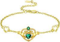 wholesale 925 Sterling Silver & Zircon Claddagh Bracelet for Women - 16mm Irish Jewelry Gift with Green Heart-Gold-May