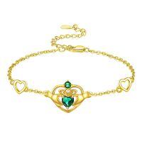 wholesale 925 Sterling Silver & Zircon Claddagh Bracelet for Women - 16mm Irish Jewelry Gift with Green Heart-Gold-May