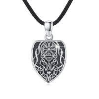 wholesale 925 Sterling Silver Oxidized Viking Wolf Head Vegvisir Shield Pendant Necklace With Black Cord-Viking Wolf Necklace