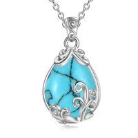 wholesale 925 Sterling Silver Moss Agate Teardrop Pendant Necklace for Women-Turquoise