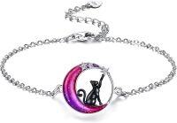 wholesale 925 Sterling Silver Purple Enamel Moon Cat Teardrop Anklet for Women-Colorful Moon Cat Anklet