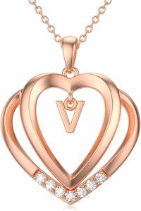 wholesale Sterling Silver Moissanite Heart Initial Pendant Necklace for Her-Rose Gold - V Initial