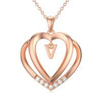 wholesale 925 Sterling Silver Moissanite Heart Initial Pendant Necklace for Her-Rose Gold - V Initial
