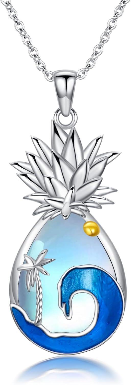 925 Sterling Silver Pineapple Ocean Wave Palm Tree Pendant Necklace for Women Girls Gifts-0-0