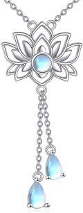 wholesale S925 Sterling Silver Moonstone Lotus Flower Necklace for Women & Men, Buddhist Inspired Jewelry Gift, 18+2 Chain-0-0