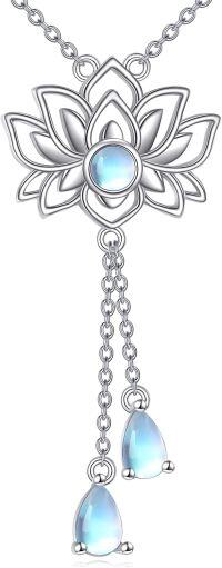 wholesale S925 Sterling Silver Moonstone Lotus Flower Necklace for Women & Men, Buddhist Inspired Jewelry Gift, 18+2 Chain-Louts