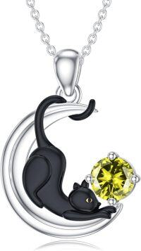 wholesale  Metal Stone Black Cat Moon Pendant Necklace Jewelry Gift for Women ( chars)-August