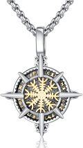 wholesale 925 Sterling Silver Compass Pendant - Mens Norse Viking Jewelry with Rune Symbols and Gold Accents -0-0