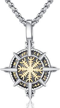wholesale 925 Sterling Silver Compass Pendant - Mens Norse Viking Jewelry with Rune Symbols and Gold Accents -E03-Viking Compass