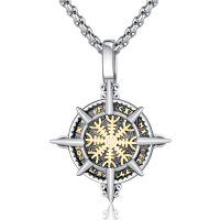 wholesale 925 Sterling Silver Viking Vegvisir Compass Rune Pendant Necklace Oxidized Two Tone Finish-E03-Viking Compass