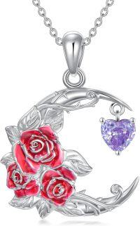 wholesale 925 Sterling Silver Birthstone Crescent Moon Floral Pendant Necklace-06-Jun-Rose