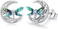 wholesale 925 Sterling Silver Celtic Moon Dragonfly Stud Earrings with Abalone Shell and Cubic Zirconia - Irish  for Women-Silver