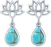 wholesale 925 Sterling Silver Teardrop Turquoise Lotus Flower Stud Earrings Gift for Her-Turquoise Lotus Studs