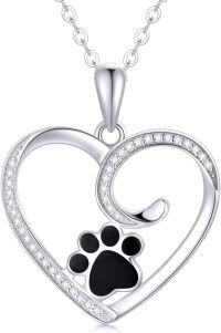 wholesale 14K Gold Black Enamel Dog Cat Paw Print Heart Pendant Necklace 17 Chain-White Gold gold