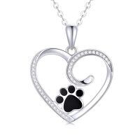 wholesale 14K Gold Black Enamel Dog Cat Paw Print Heart Pendant Necklace 17 Chain-White Gold gold