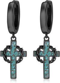 wholesale Sterling Silver Cross Hoop Earrings with Crown of Thorns for Men Women-Turquoise-Black
