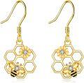 wholesale 14K Gold Honeycomb Flower and Bee Drop Earrings for Women Gift-0-0