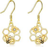 wholesale 14K Gold Honeycomb Flower and Bee Drop Earrings for Women Gift-Gold bee earrings