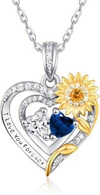 wholesale Sterling Silver 2 Birthstones Sunflower Heart Necklace for Women-04-09-Apr-Sept