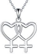 wholesale 925 Sterling Silver Double Heart Female Symbol LGBT Pride Pendant Necklace for Couples LGBTQ Gift-0-0